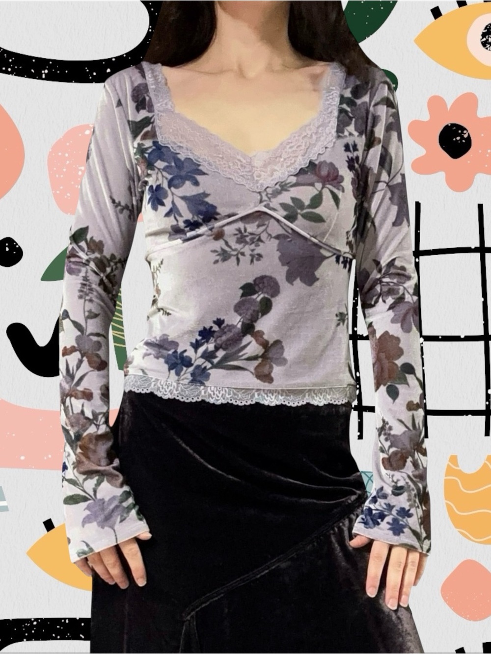 NWT✨ | Anthropologie | Purple Floral Velvet Lace Trim Whimsygoth Top